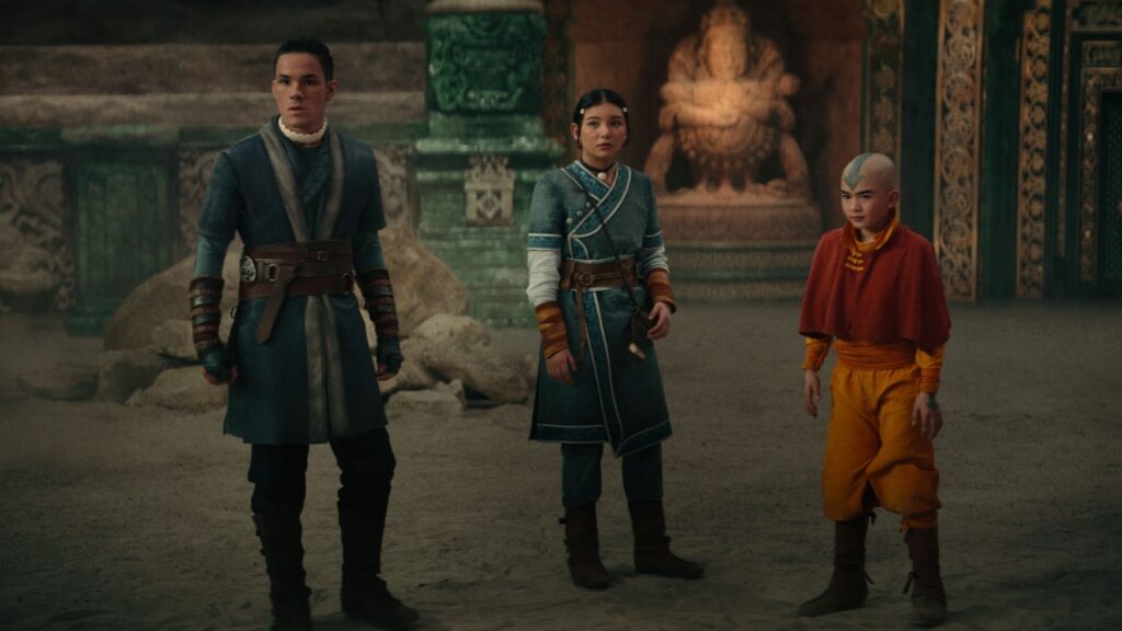 Cormier, Ousley and Kiawentiio in a scene from Avatar: The Last Airbender